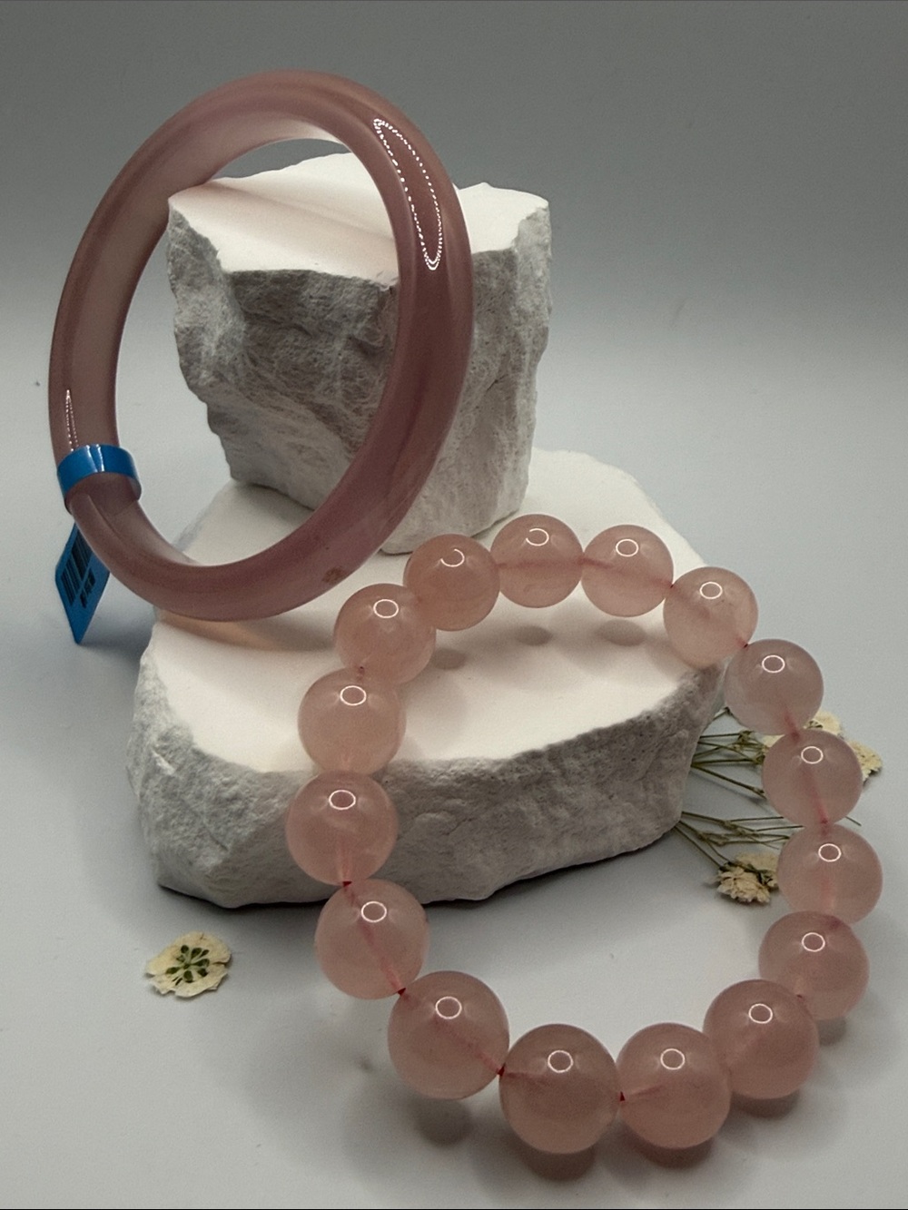 Gorgeous Rose Pink Quartz Beaded Bracelet and Pink Agate Bangle Set